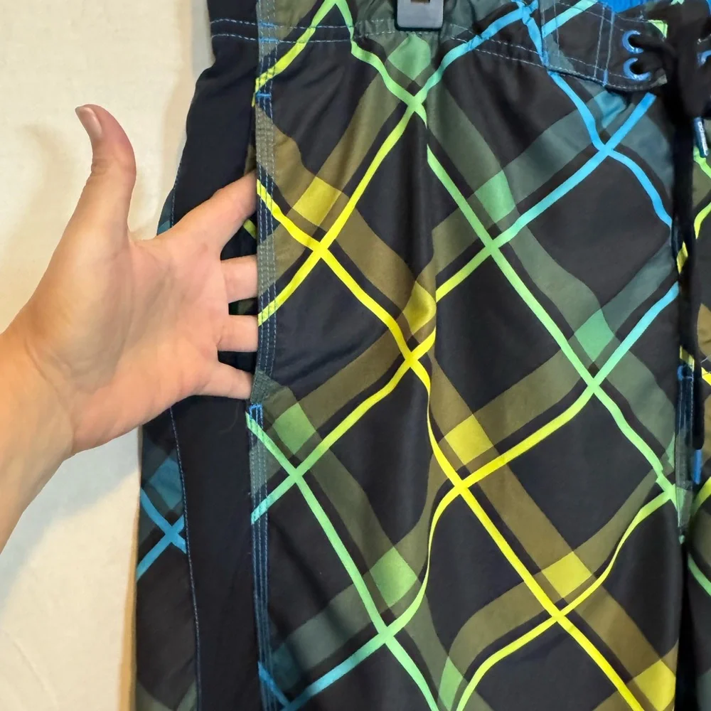 G-45 Men’s Speedo Black‎ Blue & Yellow Lined Summer Board Shorts Size XL